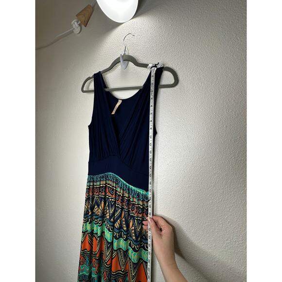 Gilli Navy Blue Teal Orange Multi Print Faux Wrap V-Neck Sleeveless Maxi Dress M - Picture 14 of 14